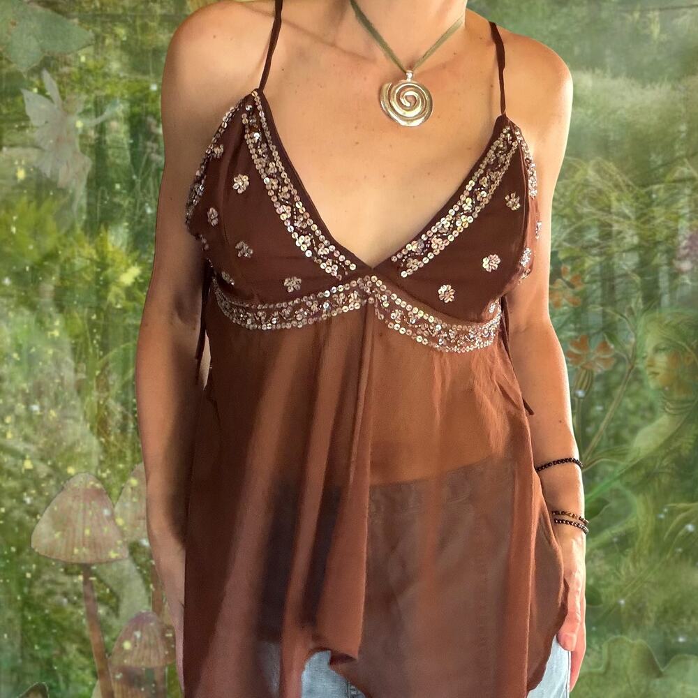 Y2K Brown Embroidered Handkerchief Cami | Fairy Grunge Boho Beaded Tank